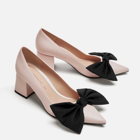 Shoes | Zara Pink Black Chunky Heels Pointed Toe Oversized Fabric Bow Pumps  Blogger Fave | Poshmark